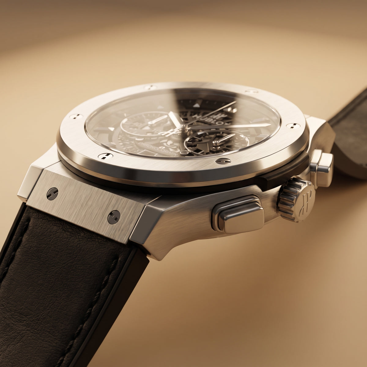 Sport Chronograph Skeleton Dial Watch – Steel Case, Black Leather Strap