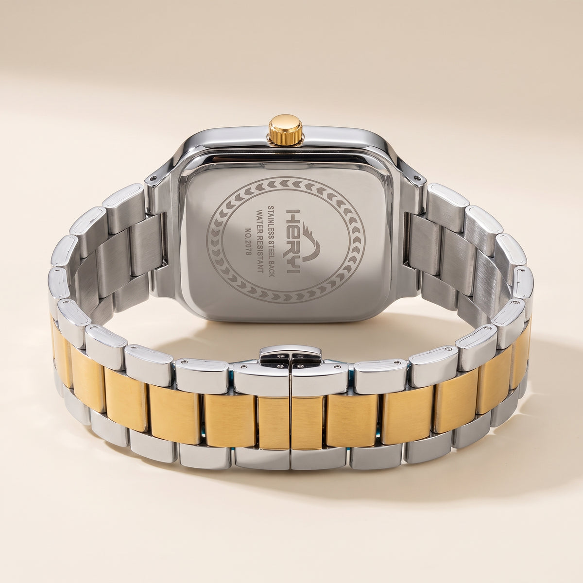 Hervi Square Blue Dial Two-Tone Steel Watch with Date