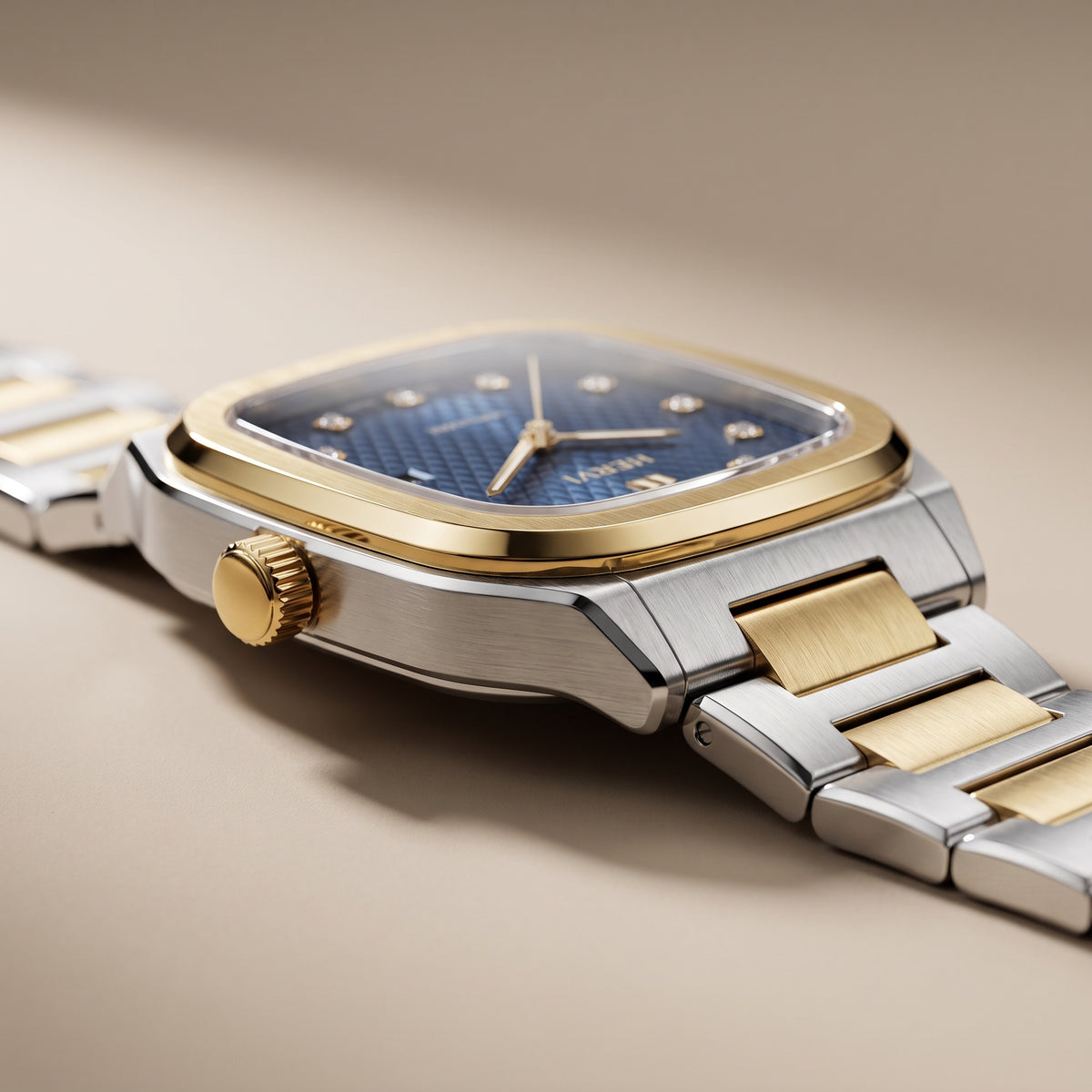 Hervi Square Blue Dial Two-Tone Steel Watch with Date