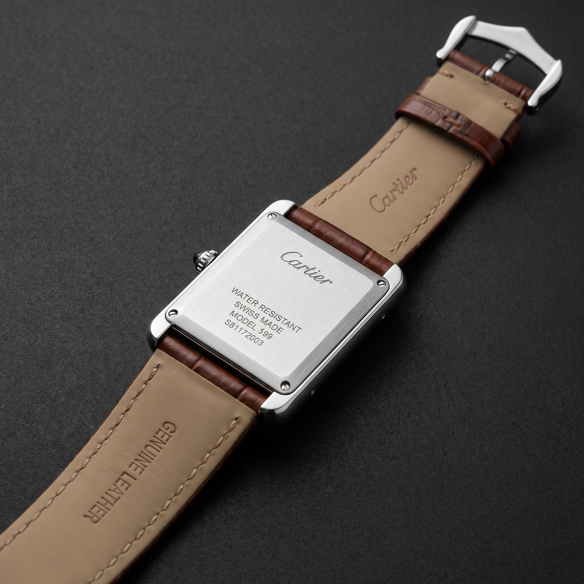 Rectangular Steel Watch – Brown Guilloché Dial, Roman Numerals, Brown Leather Strap