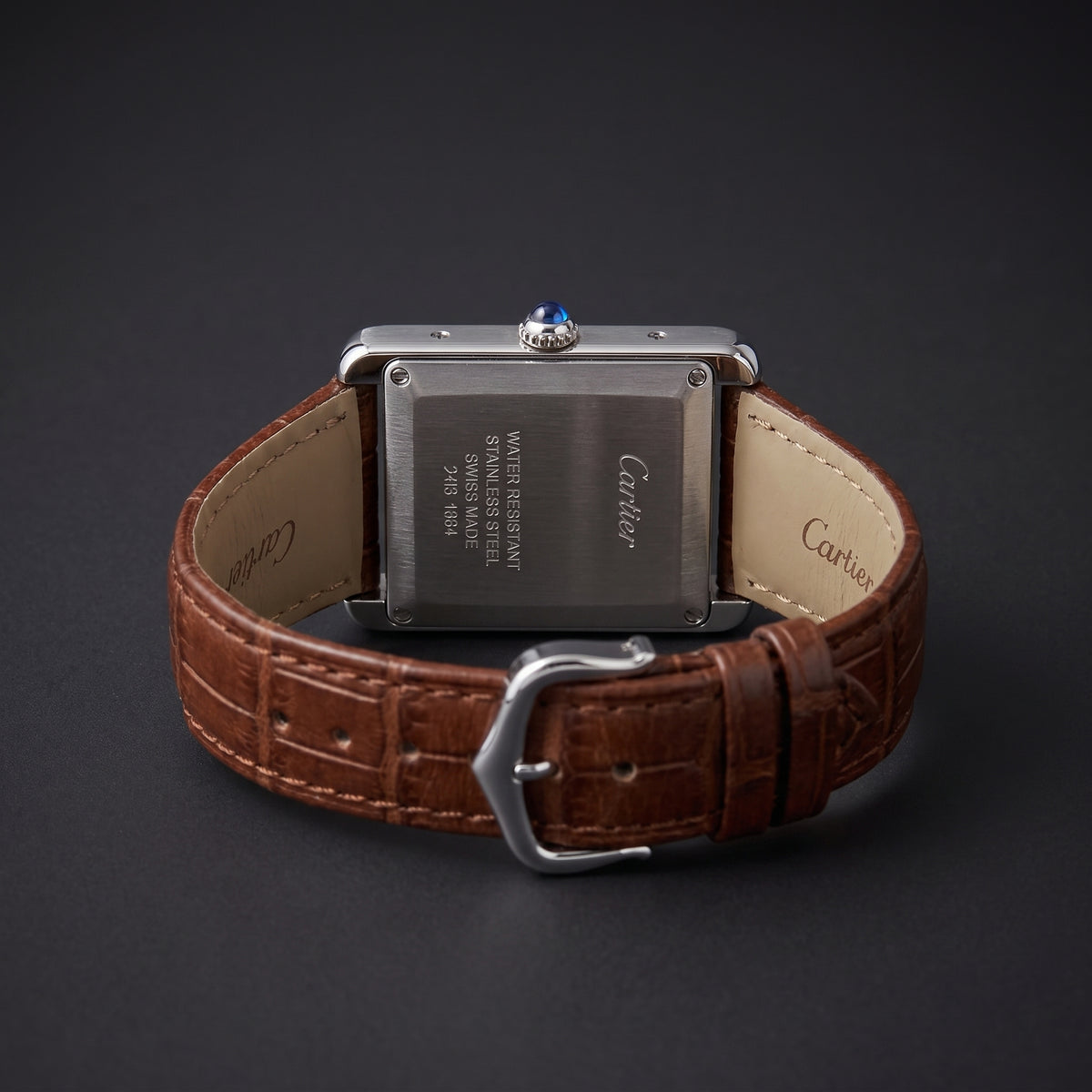 Rectangular Steel Watch – Brown Guilloché Dial, Roman Numerals, Brown Leather Strap