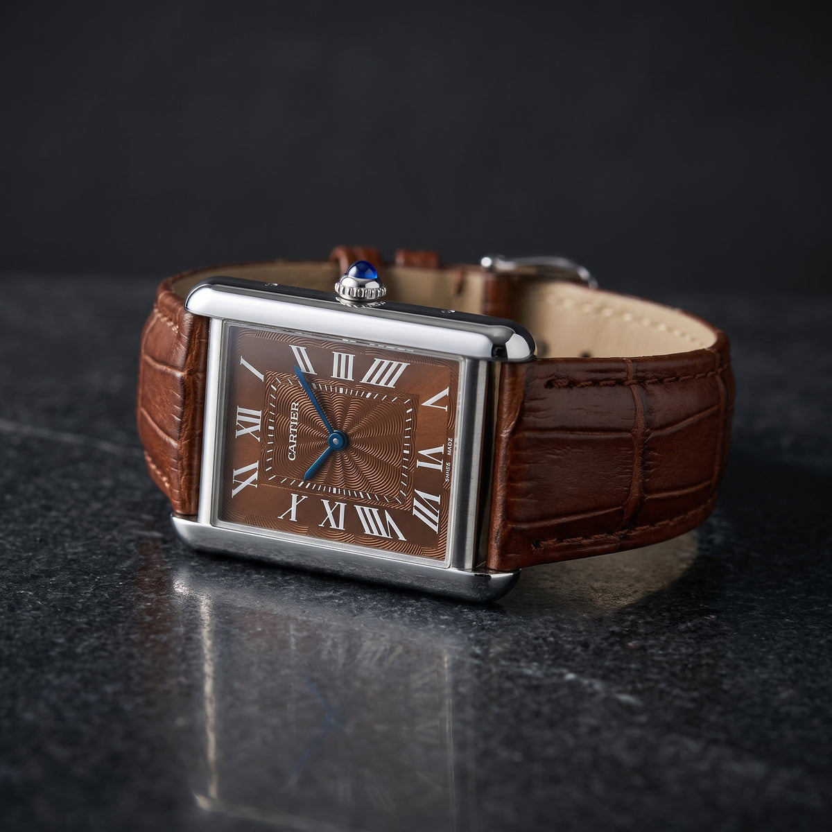 Rectangular Steel Watch – Brown Guilloché Dial, Roman Numerals, Brown Leather Strap