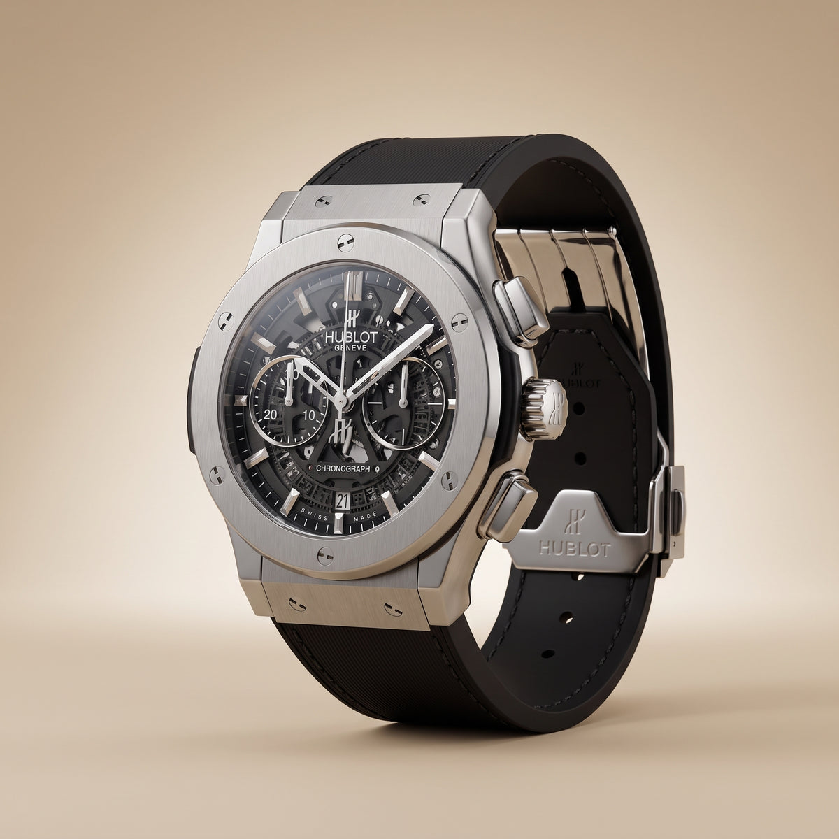 Sport Chronograph Skeleton Dial Watch – Steel Case, Black Leather Strap