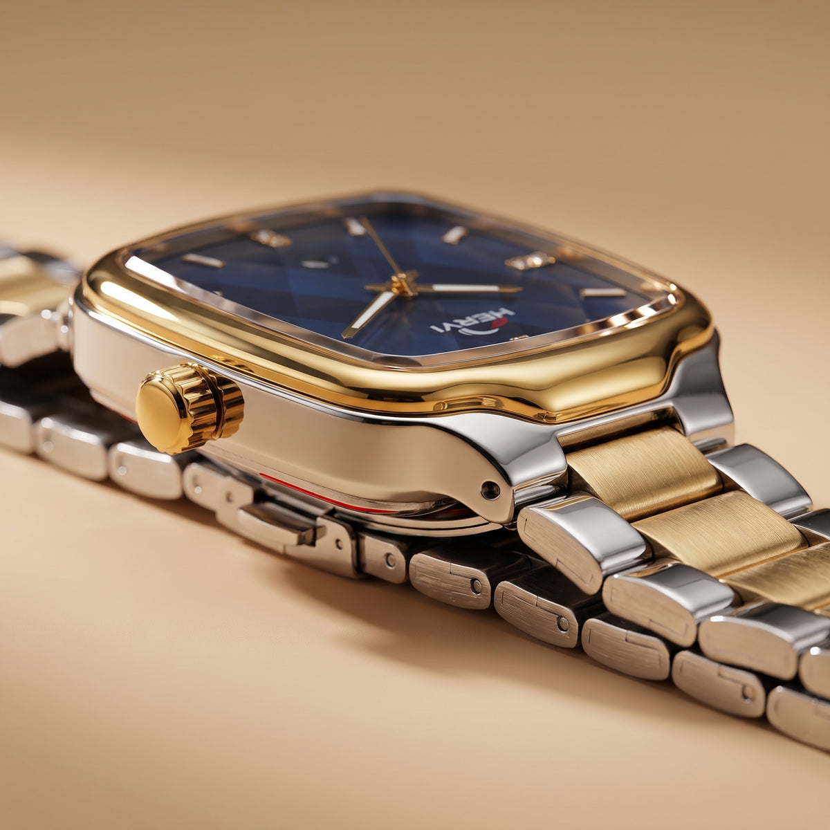 Hervi Square Blue Dial Two-Tone Steel Watch with Date