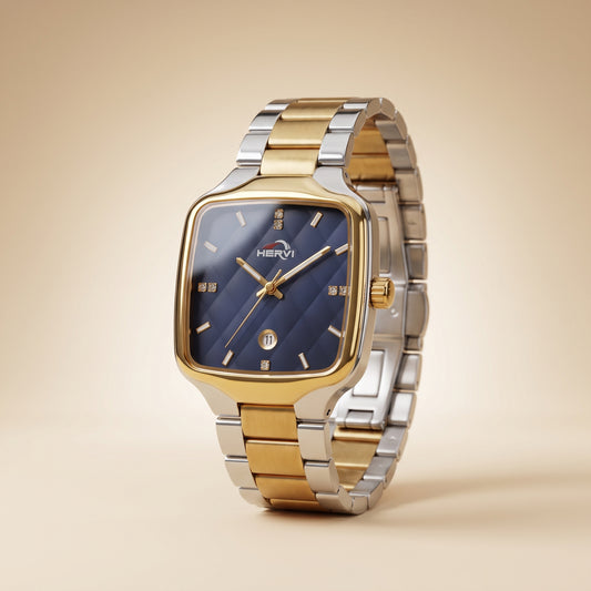 Hervi Square Blue Dial Two-Tone Steel Watch with Date