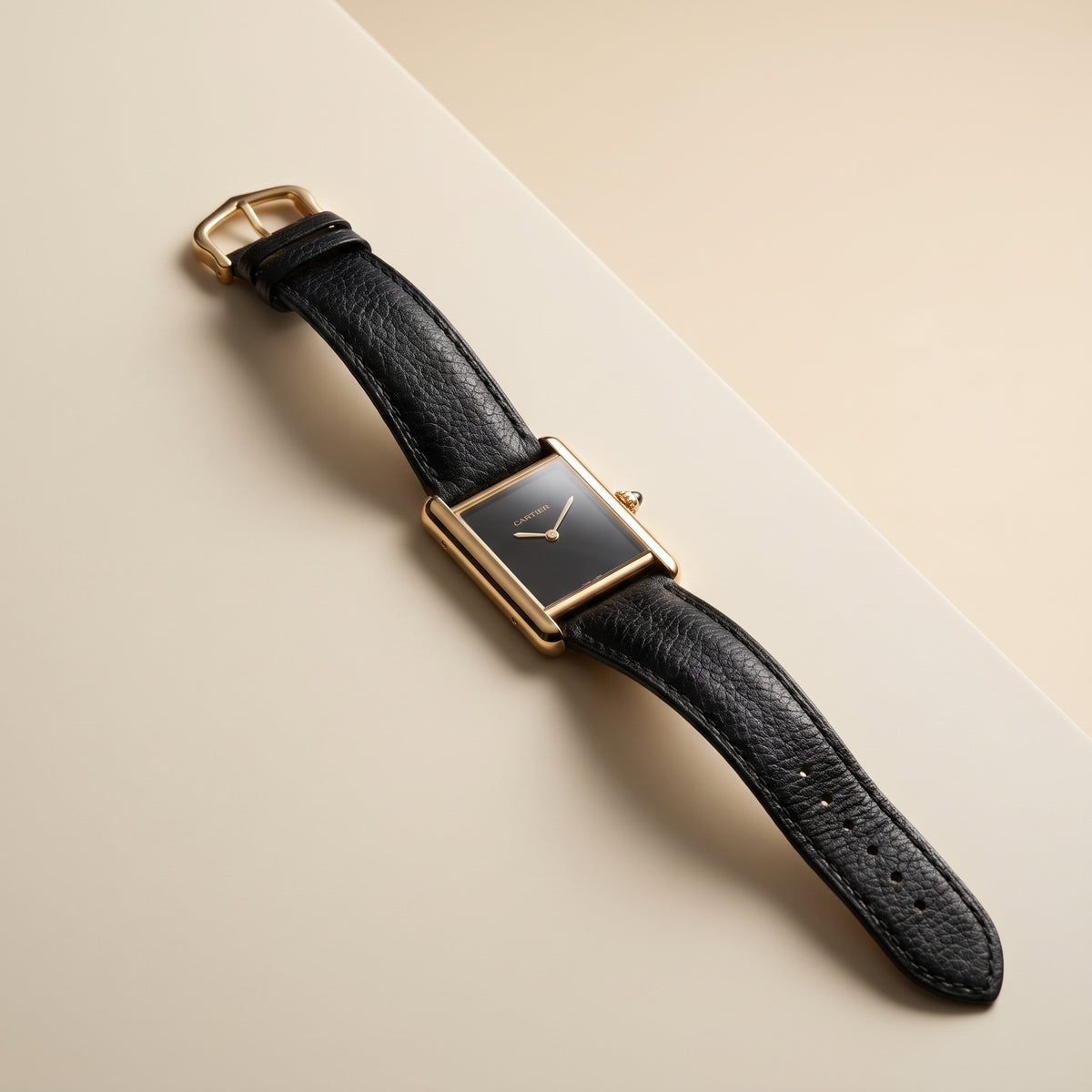 Classic Rectangular Gold Case Black Dial Watch – Black Leather Strap