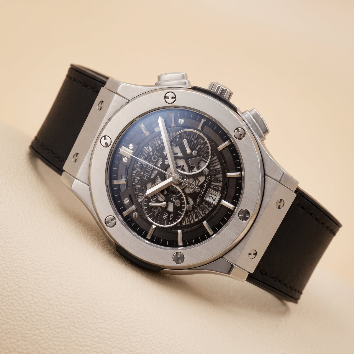Sport Chronograph Skeleton Dial Watch – Steel Case, Black Leather Strap