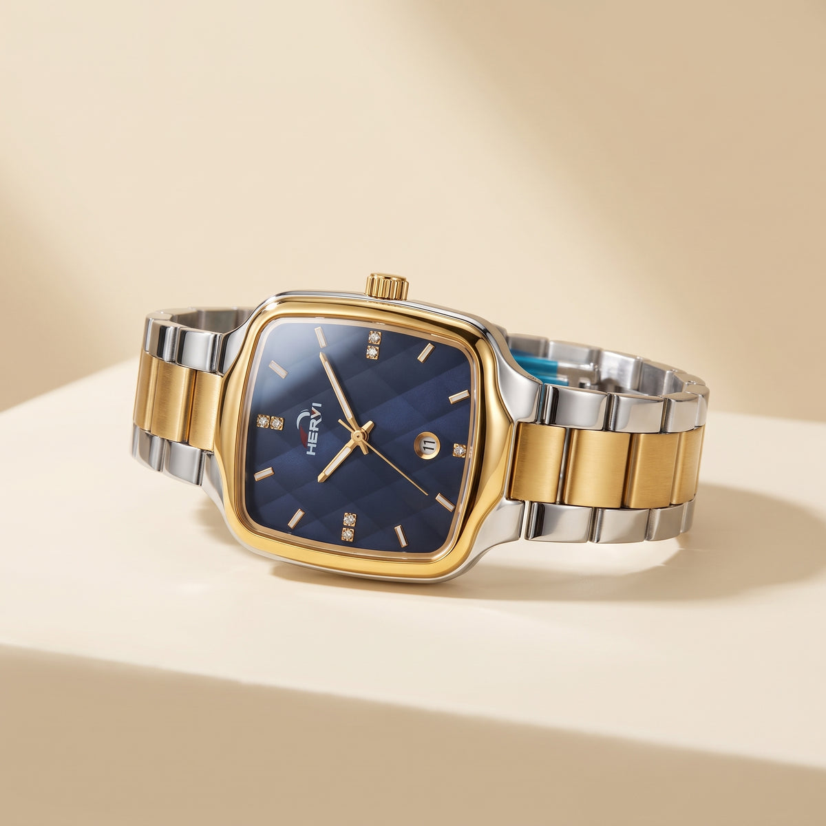 Hervi Square Blue Dial Two-Tone Steel Watch with Date