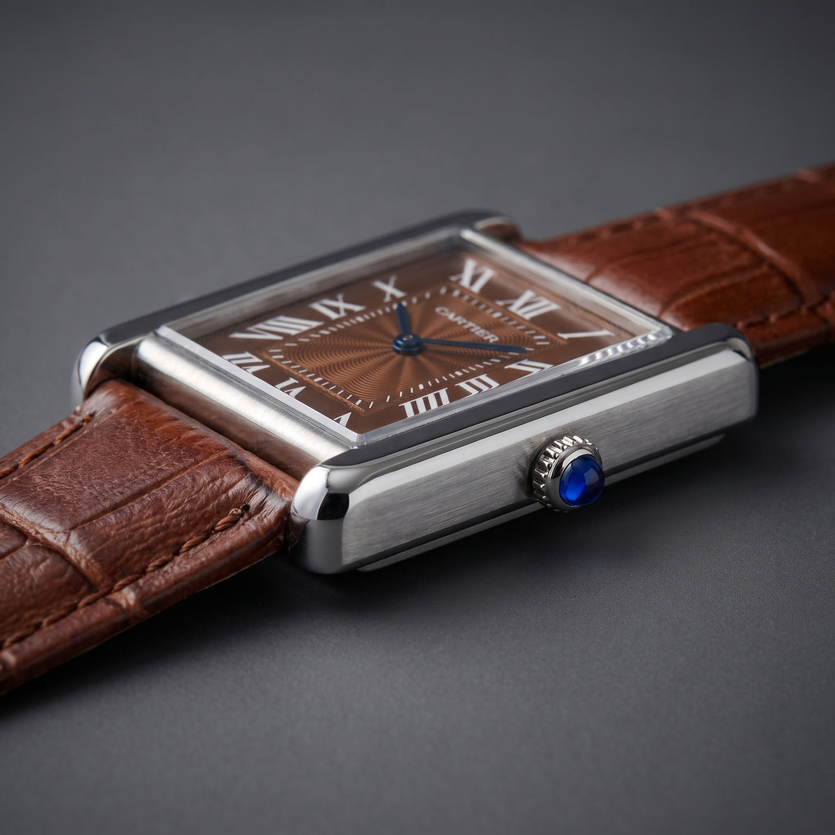 Rectangular Steel Watch – Brown Guilloché Dial, Roman Numerals, Brown Leather Strap