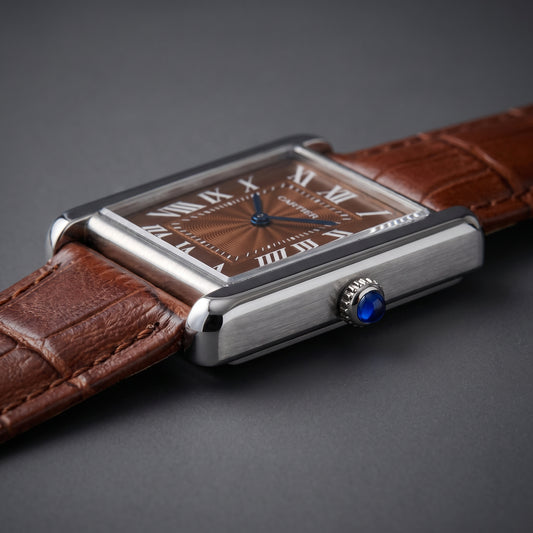 Rectangular Steel Watch – Brown Guilloché Dial, Roman Numerals, Brown Leather Strap