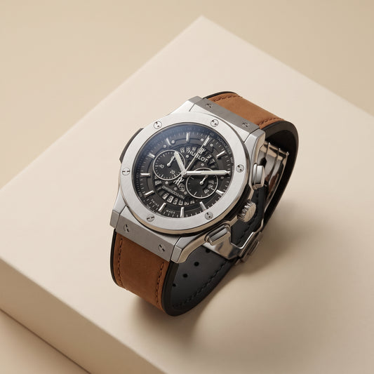 Sport Chronograph Skeleton Dial Watch – Steel Case, Tan Leather Strap