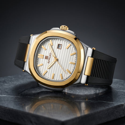 Reward Two-Tone Cushion Case Watch – White Dial, Black Silicone Strap