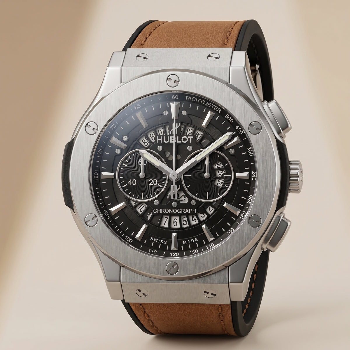 Sport Chronograph Skeleton Dial Watch – Steel Case, Tan Leather Strap