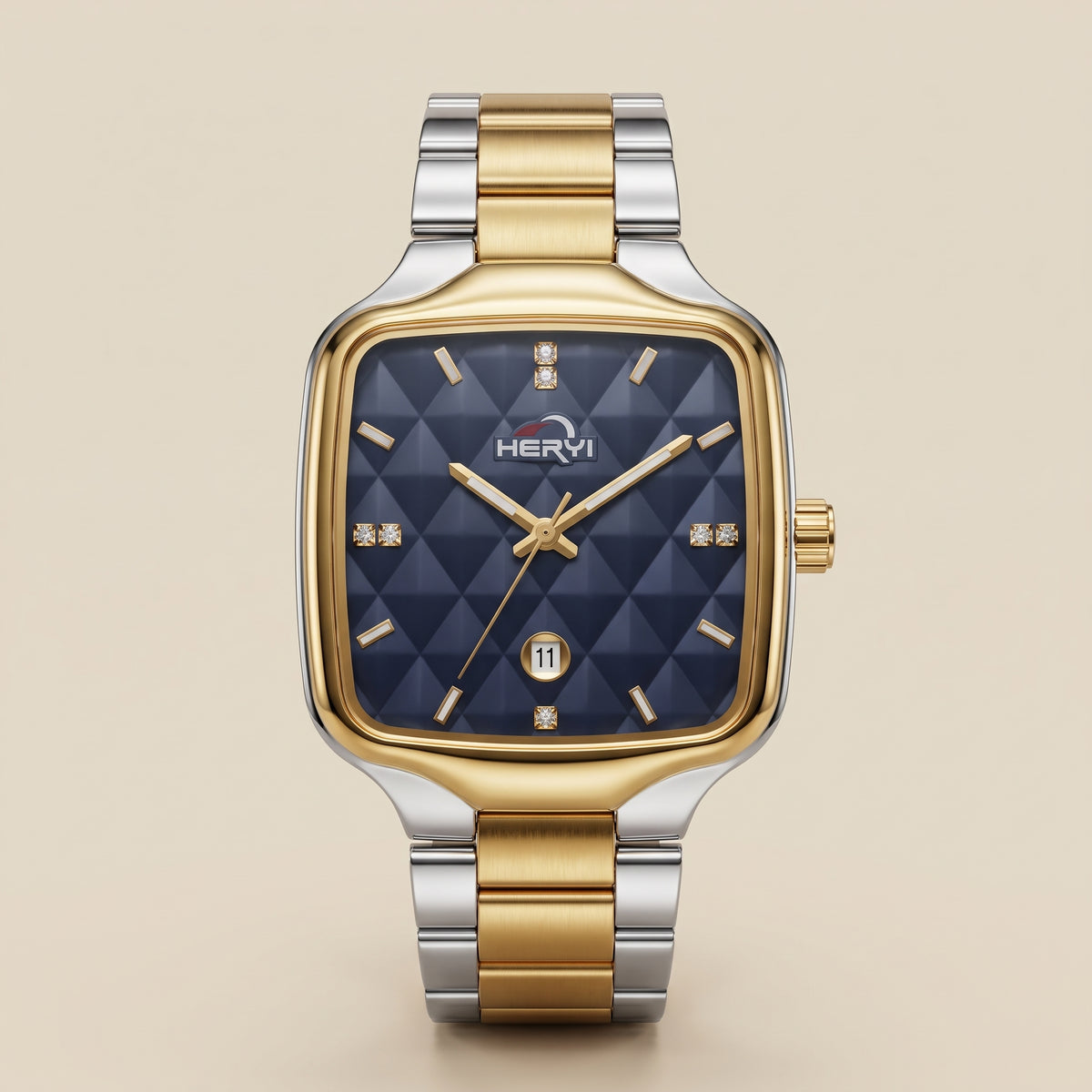 Hervi Square Blue Dial Two-Tone Steel Watch with Date