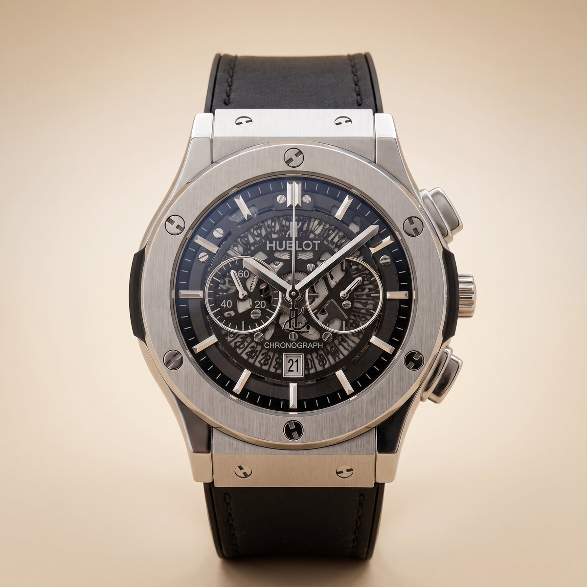 Sport Chronograph Skeleton Dial Watch – Steel Case, Black Leather Strap