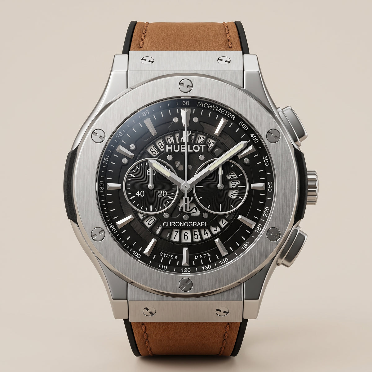 Sport Chronograph Skeleton Dial Watch – Steel Case, Tan Leather Strap