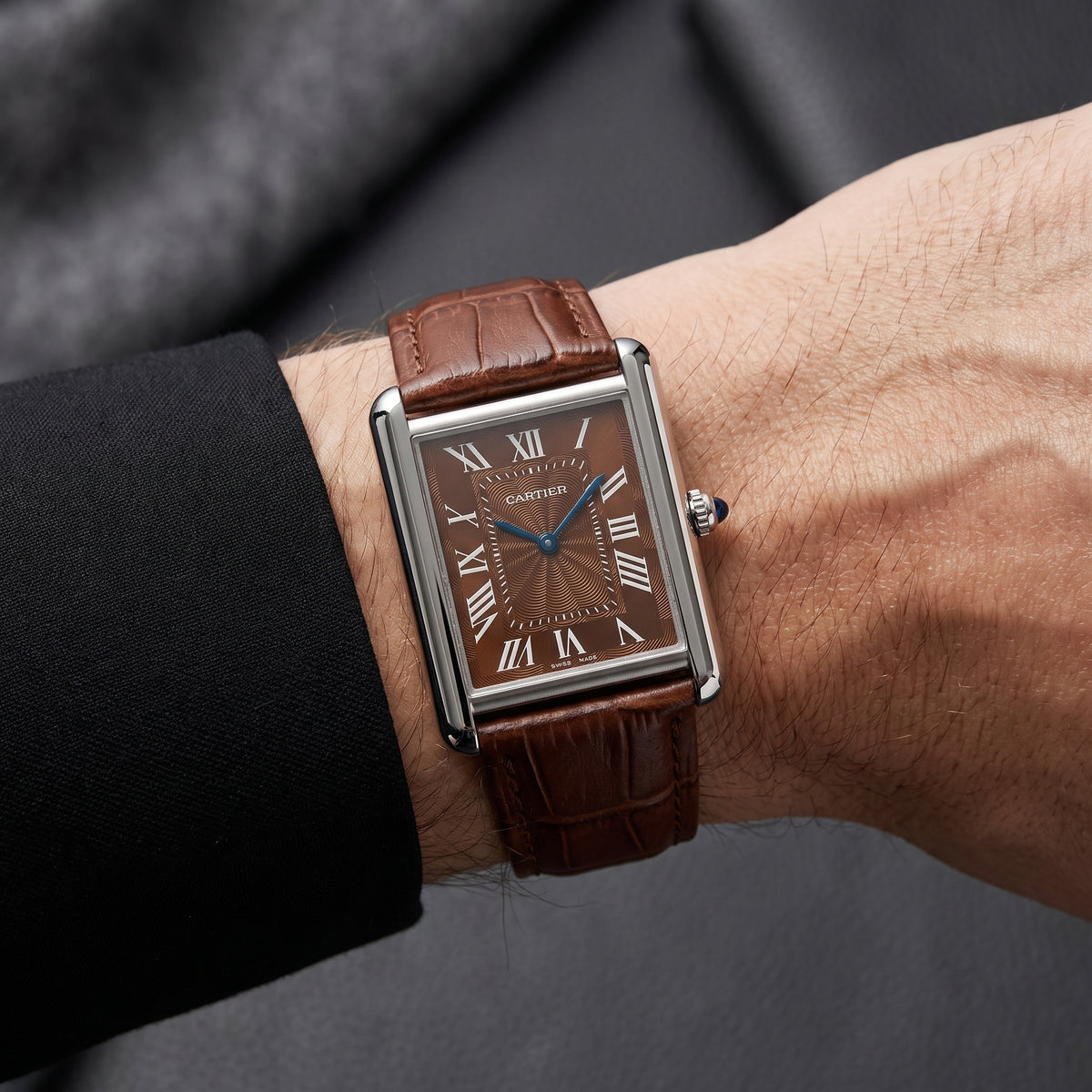 Rectangular Steel Watch – Brown Guilloché Dial, Roman Numerals, Brown Leather Strap