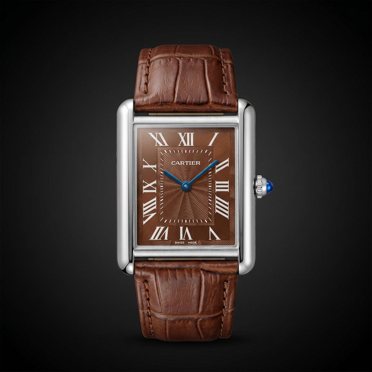 Rectangular Steel Watch – Brown Guilloché Dial, Roman Numerals, Brown Leather Strap